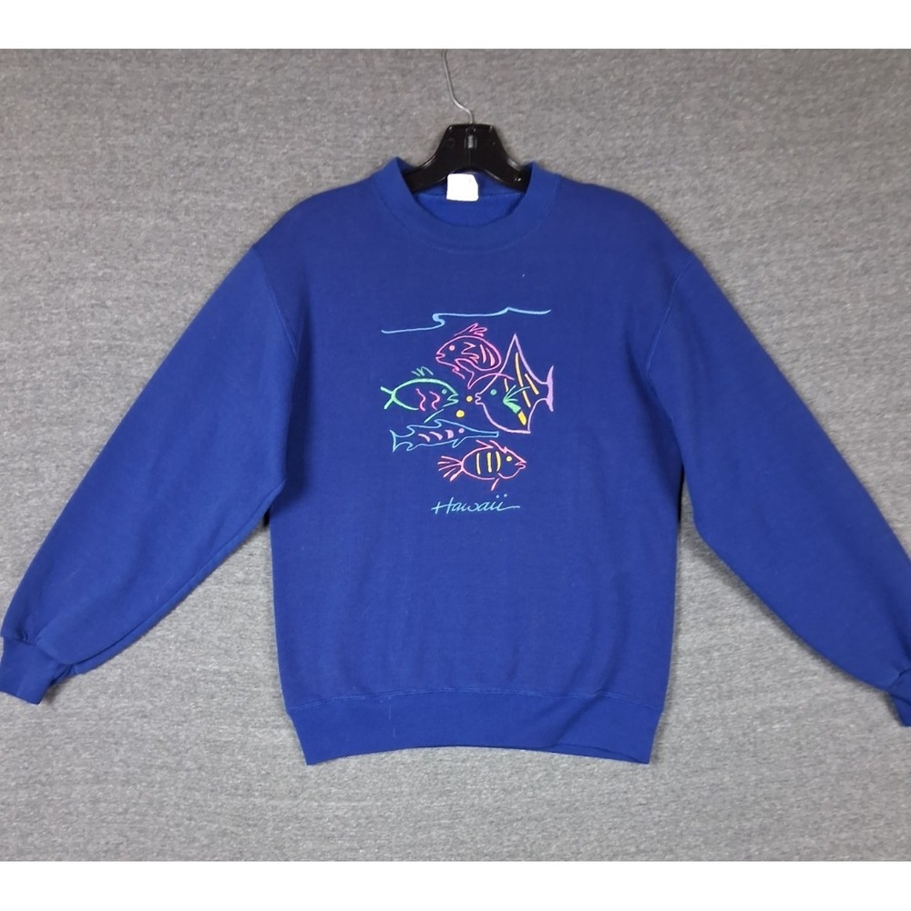 VTG Womens Crazy Shirtsโ Sweatshirt Small Blue Crew Hawaii Souvenir Embroidered
